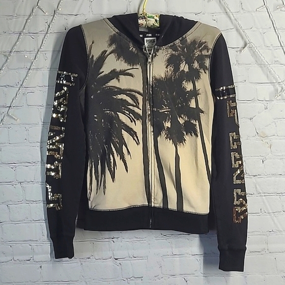 2014 RARE Victoria's Secret PINK Palm Tree Sequin Logo Spellout Hoodie Size XS - Picture 4 of 17